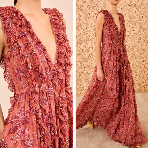 NWT Ulla Johnson Aida Cascading Ruffle Gown Maxi Dress Oleander Sz6 Party Cockta - Picture 2 of 7